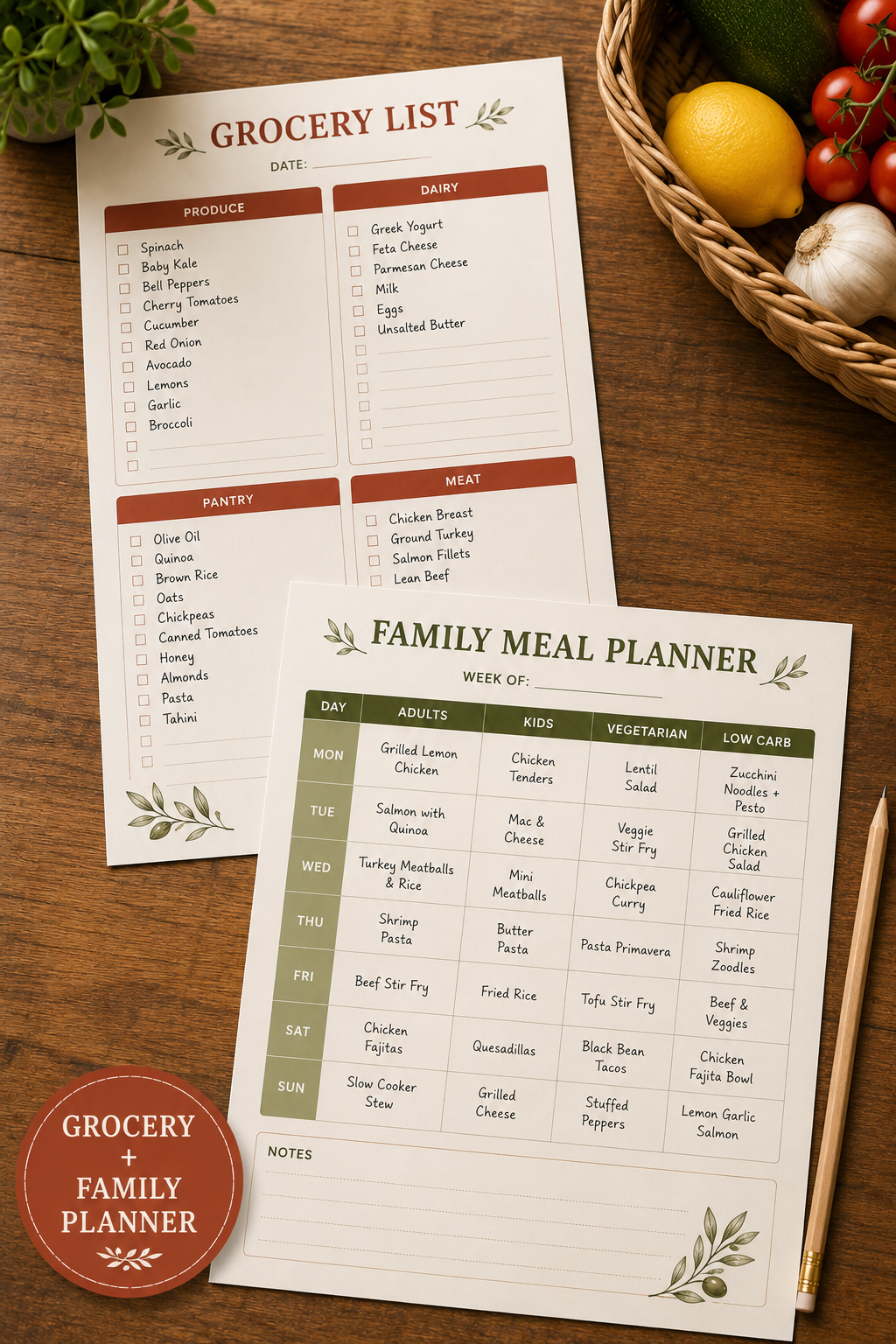 Two printable planner sheets laid on a wooden surface: a grocery list sheet and a family meal planner sheet, with a red circular badge reading 'Grocery Family Planner.' A basket of tomatoes, garlic, and a lemon sits in the upper right as styled props.