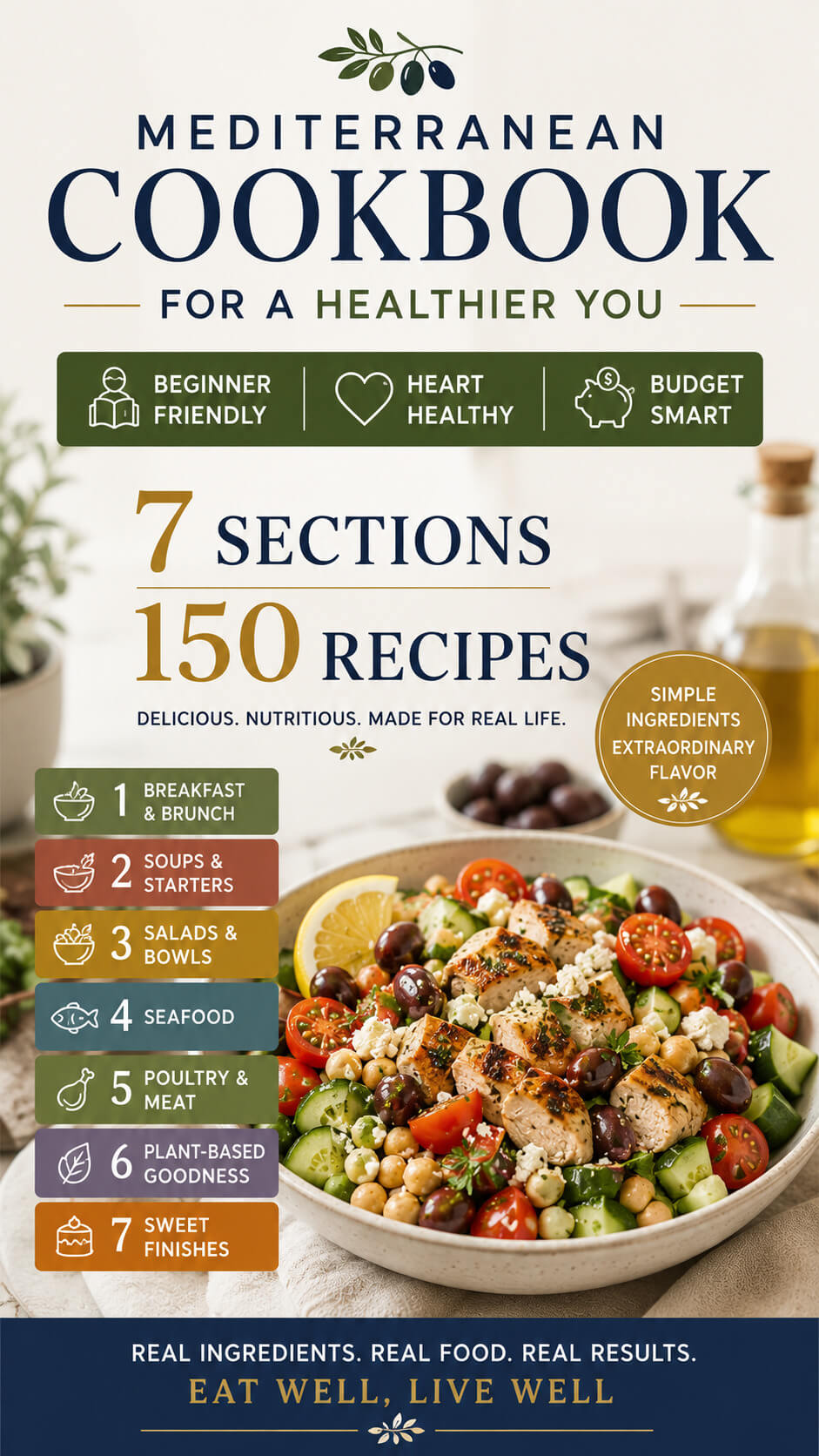 Front cover of the book 'Mediterranean Cookbook for a Healthier You' with a white background, large navy title text, olive branch illustration, green and gold callout icons, a bowl of Mediterranean salad, and recipe section icons along the left side.