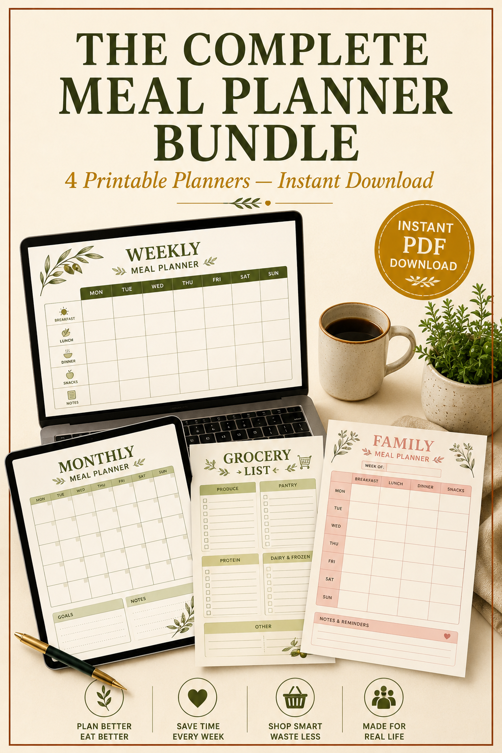 Promotional graphic for a digital meal planner bundle showing four printable planner pages displayed on a laptop, tablet, and two desktop screens, with a coffee mug and small plant nearby. Text reads 'THE COMPLETE MEAL PLANNER BUNDLE' and '4 Printable Planners — Instant Download,' with a gold 'Instant PDF Download' badge.