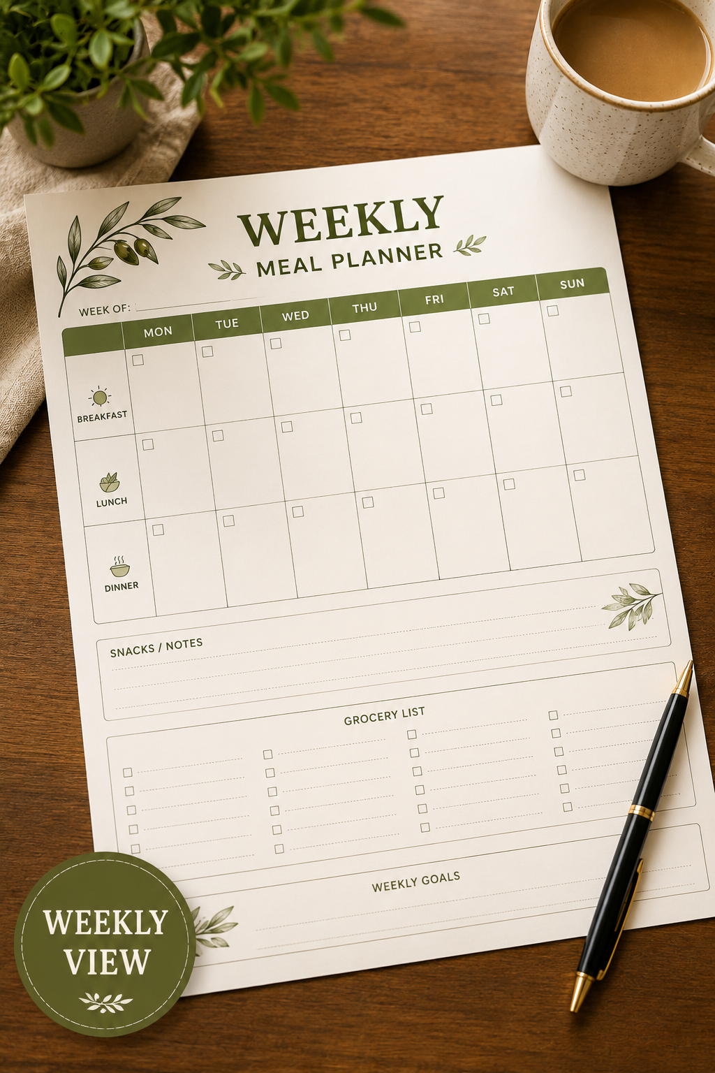 A weekly meal planner sheet laid on a wooden table, with a green coffee cup, a small potted plant, and a black-and-gold pen around it. The planner has a weekly grid from Monday to Sunday, sections for breakfast, lunch, dinner, snacks, groceries, and weekly goals, and a round badge in the lower left that reads 'WEEKLY VIEW'.