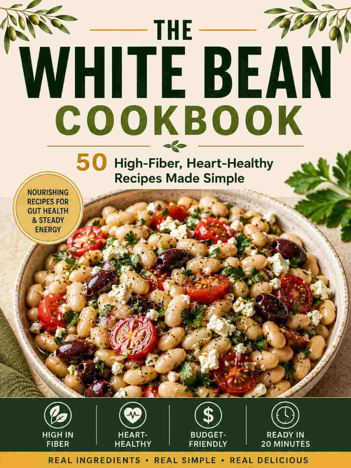 Front cover of The White Bean Cookbook, featuring a large bowl of white bean salad with tomatoes, olives, and feta on a beige background with dark green title text and ingredient icons along the bottom.