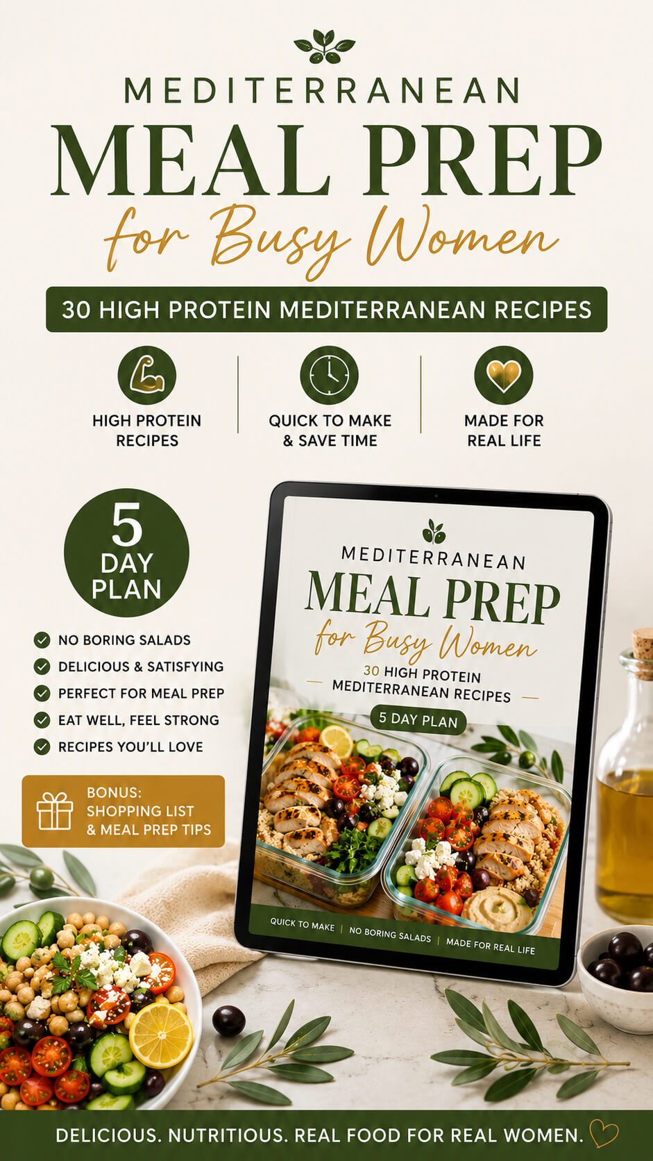 Promotional graphic for a digital meal prep guide titled 'Mediterranean Meal Prep for Busy Women' with a tablet displaying the cover, surrounded by food ingredients and bowls on a light neutral background.
