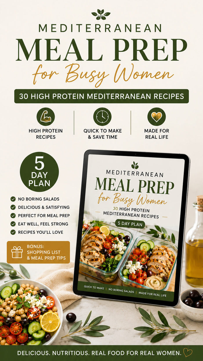 Promotional graphic for a digital meal prep guide titled 'Mediterranean Meal Prep for Busy Women' with a tablet displaying the cover, surrounded by food ingredients and bowls on a light neutral background.