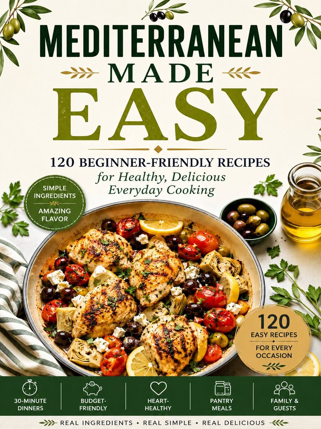 Front cover of the cookbook titled "Mediterranean Made Easy" showing a plated Mediterranean chicken dish with olives, lemon, and tomatoes, plus supporting text and decorative olive branches.