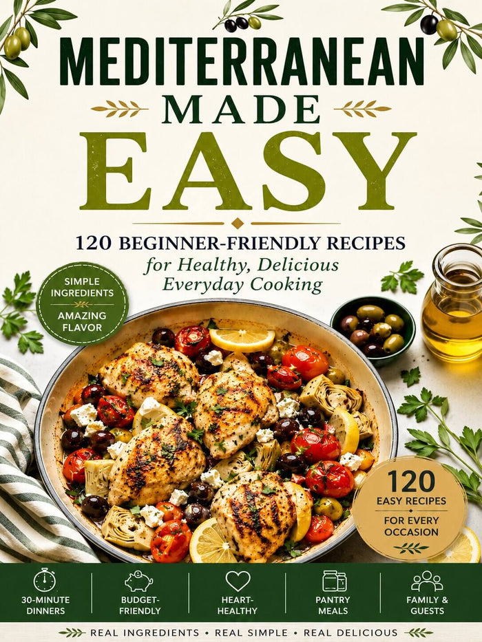 Front cover of the cookbook titled "Mediterranean Made Easy" showing a plated Mediterranean chicken dish with olives, lemon, and tomatoes, plus supporting text and decorative olive branches.