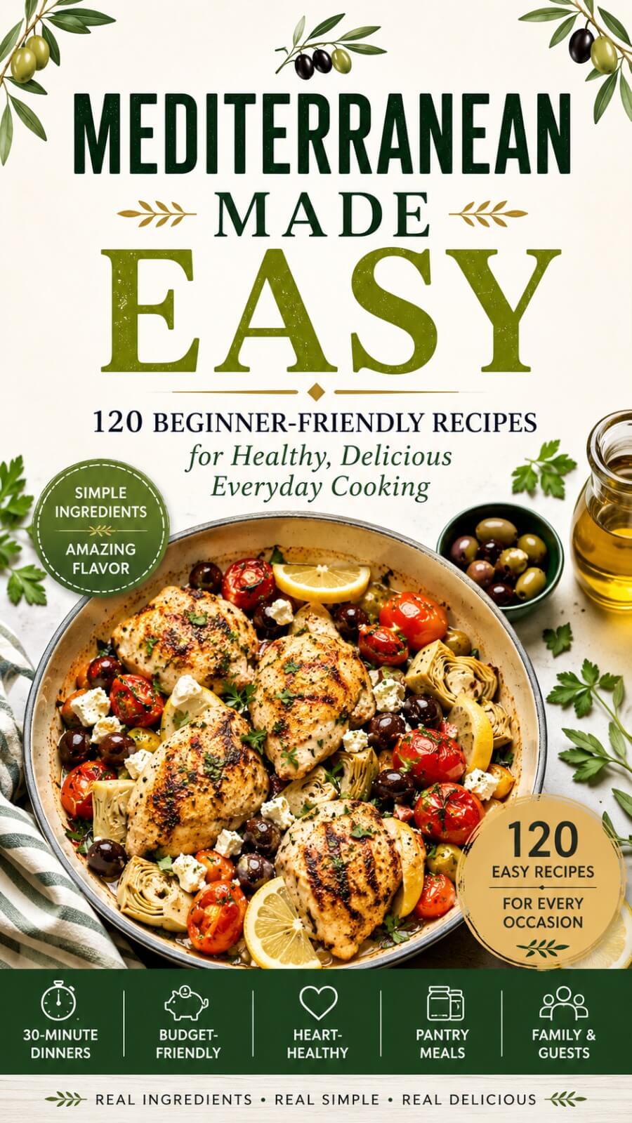 Front cover of a cookbook titled "Mediterranean Made Easy" with a large photo of a prepared Mediterranean chicken dish, olive branches at the top, and feature badges highlighting beginner-friendly recipes and 120 easy recipes.