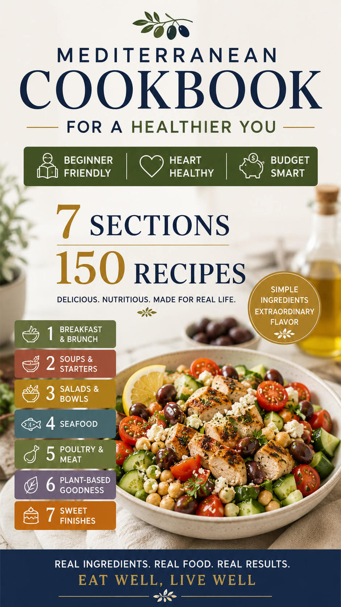 Front cover of the book 'Mediterranean Cookbook for a Healthier You' with a white background, large navy title text, olive branch illustration, green and gold callout icons, a bowl of Mediterranean salad, and recipe section icons along the left side.