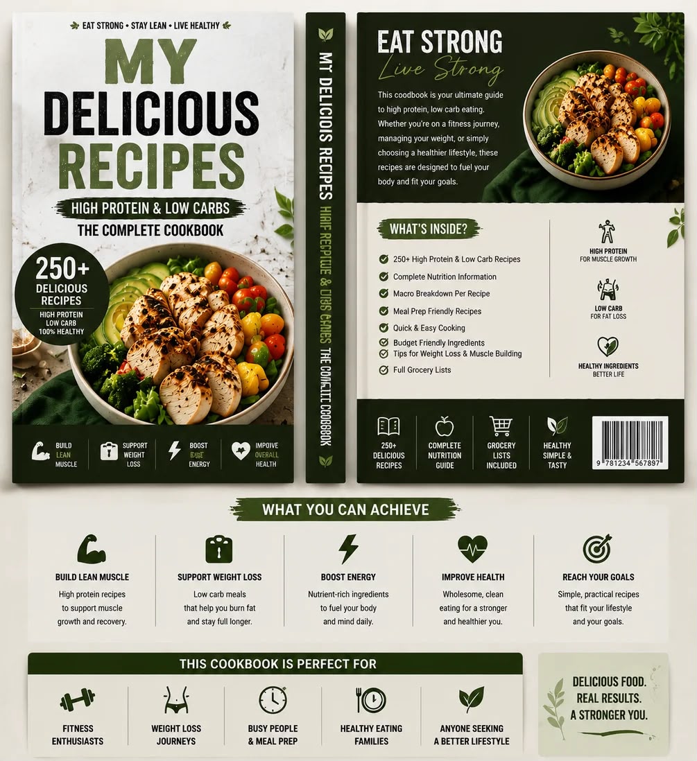 A full cookbook cover design shown as a front cover, back cover, and spine layout on a white background, with additional feature callouts below. The product is a recipe book titled "My Delicious Recipes: The Complete Cookbook.